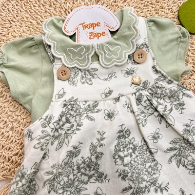 Conj. Body Gola Bordada Borboletas e Salopete Floral - Verde